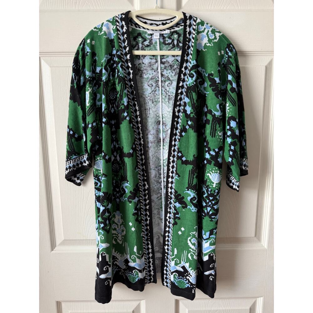 Chico’s Green Black Knit Kimono Cardigan Sz 1 Medium Linen Blend Resort Coastal